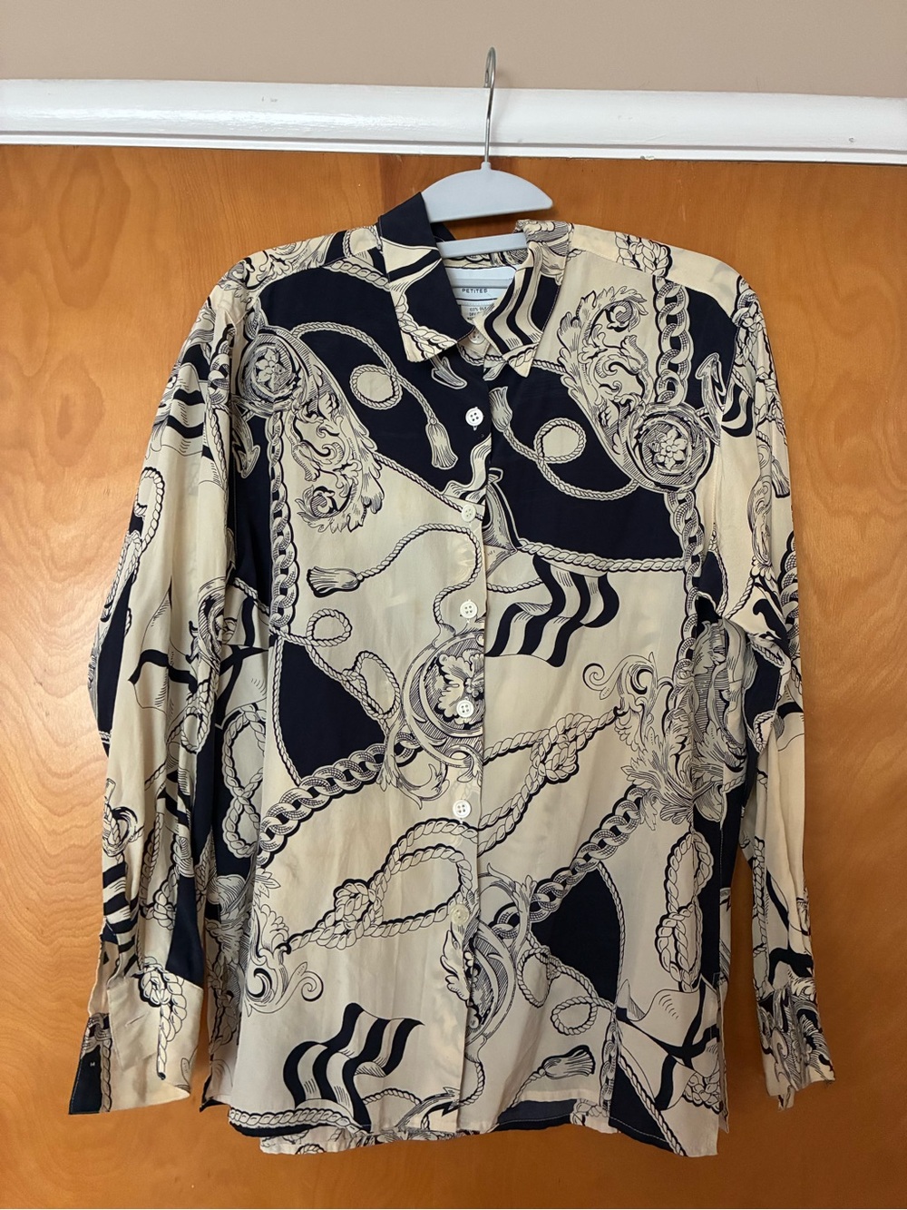 Vintage silk button down shirt nautical print, navy off white